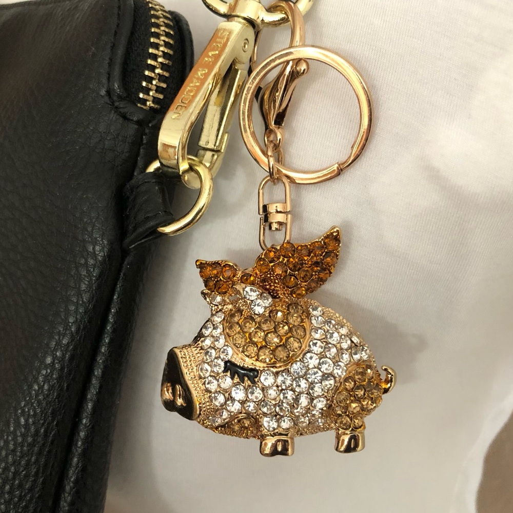 New Crystal Pig Keychain Charm in Gold and Amber